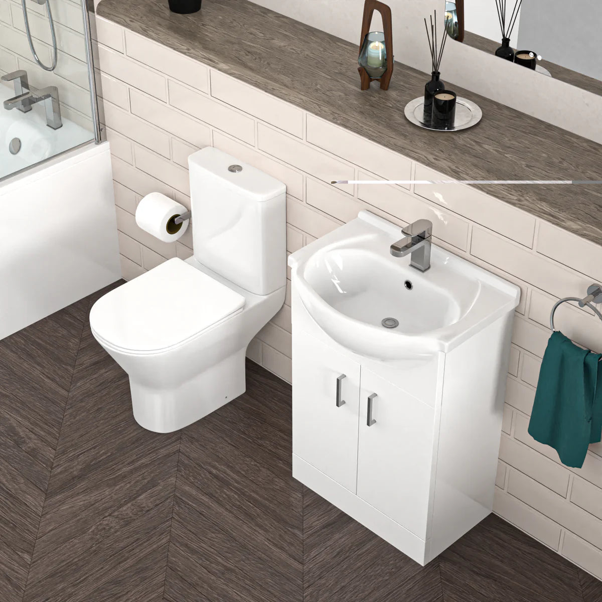 Ellen 550mm Freestanding Vanity with Close Coupled Toilet, Shower Bath & Taps Set