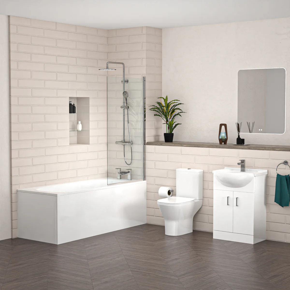 Ellen 550mm Freestanding Vanity with Close Coupled Toilet, Shower Bath & Taps Set