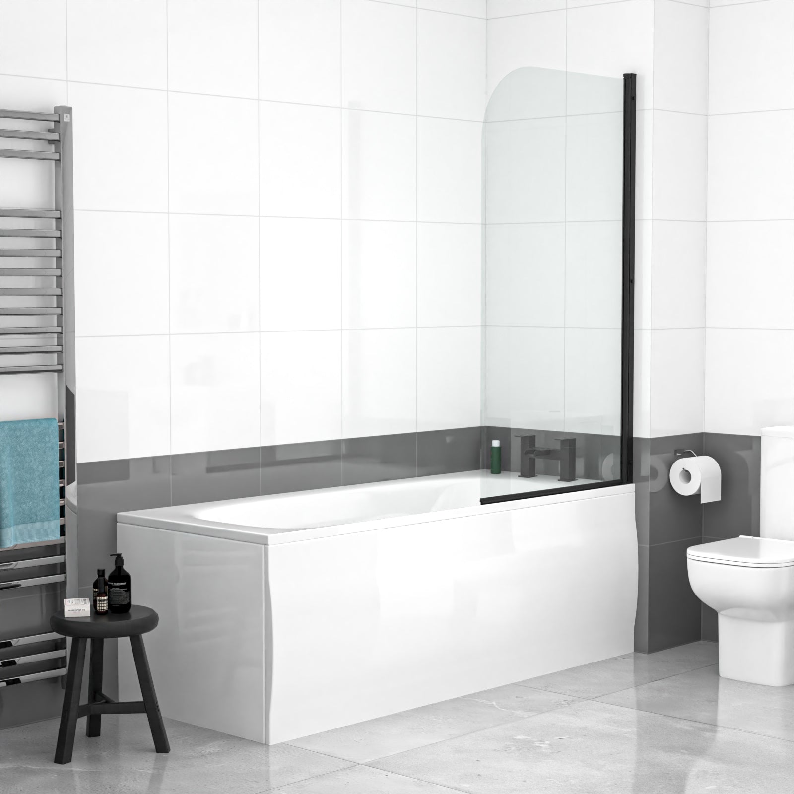 Modern bathroom with a bathtub, toilet, and towel rack.