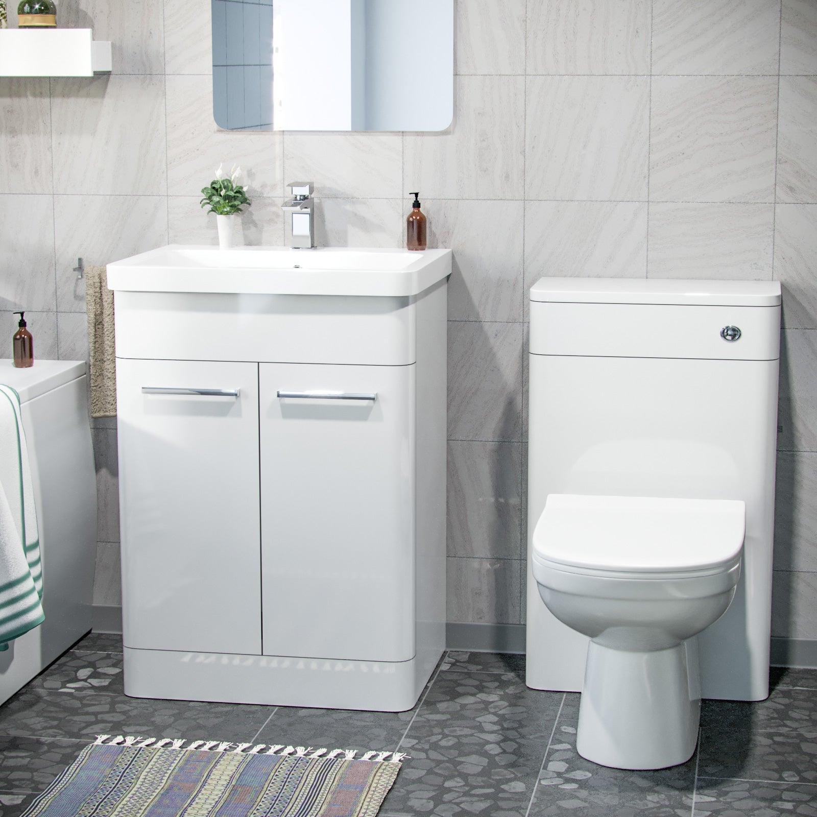 Afern 3-Piece High Gloss White Bathroom Suite 600mm Vanity, WC, BTW Toilet & Bath