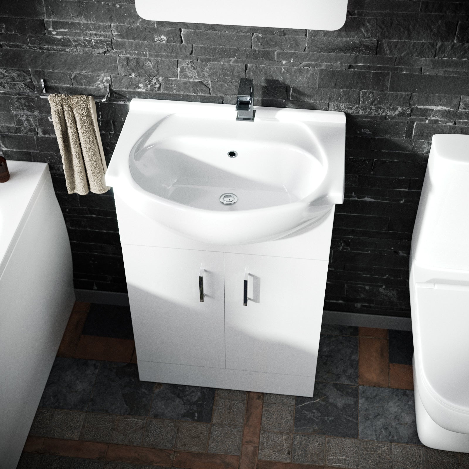 Ellen Round Single End Straight Bath, 550mm Flat Pack Vanity Basin Unit, WC Unit & Close Coupled Toilet