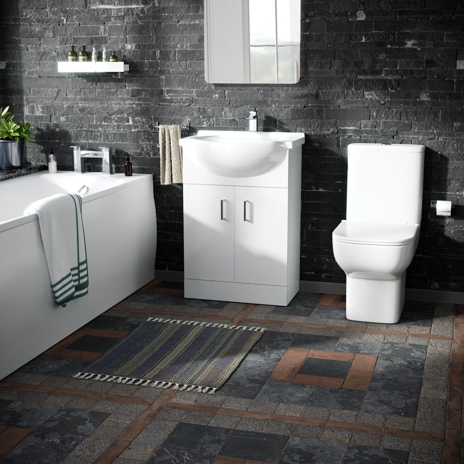 Ellen Round Single End Straight Bath, 550mm Flat Pack Vanity Basin Unit, WC Unit & Close Coupled Toilet