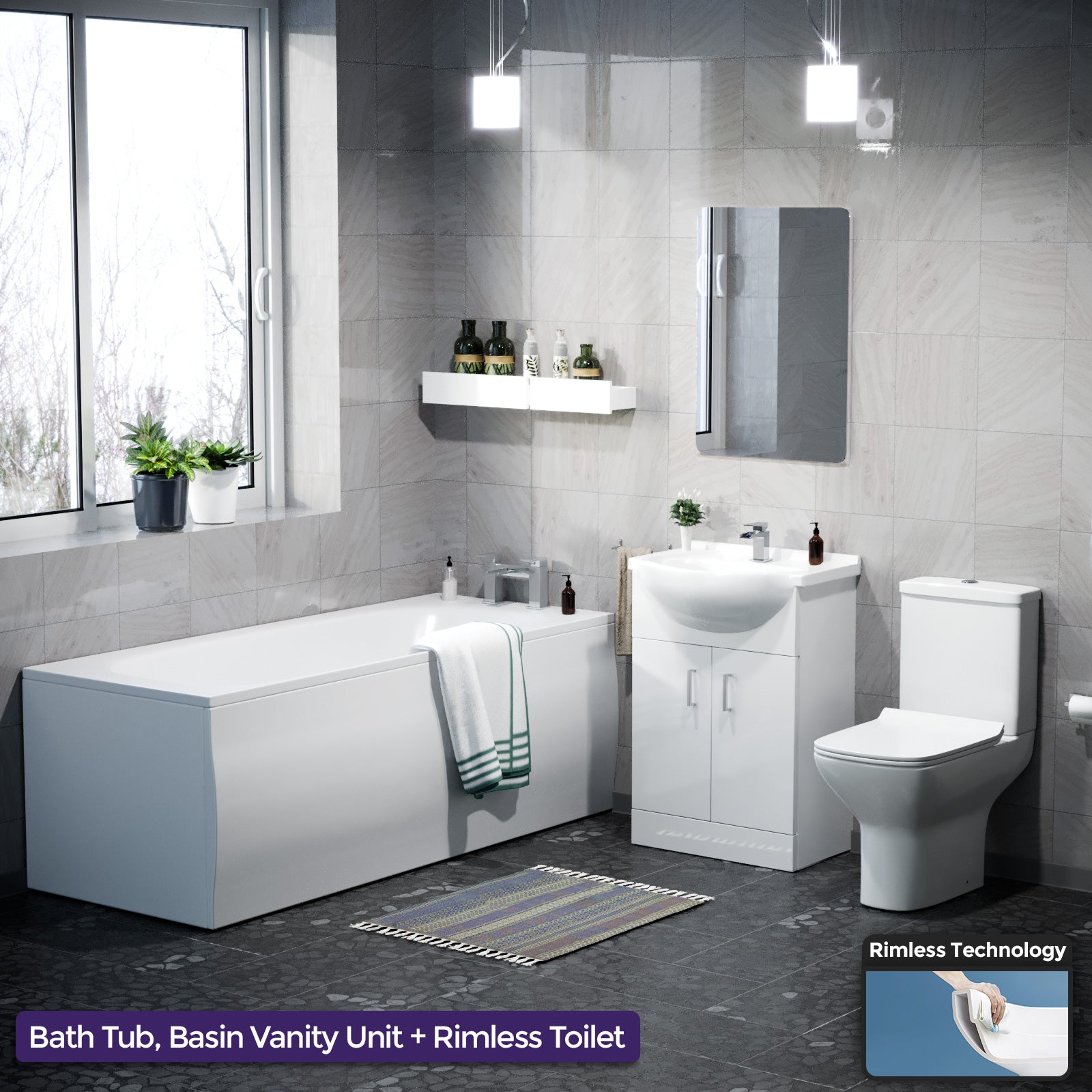 Ellen Bathroom Basin Flat Pack Vanity Unit, Toilet And Bath Suite White