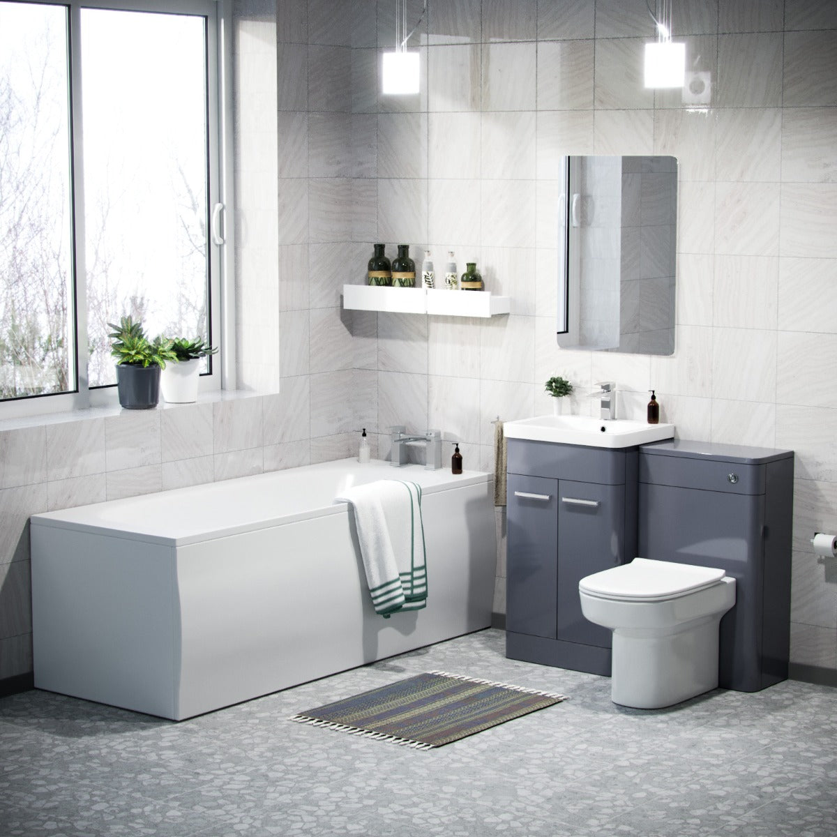 Afern Bathroom Vanity Unit & WC Unit & D-Shape Toilet & Bath Suite Grey