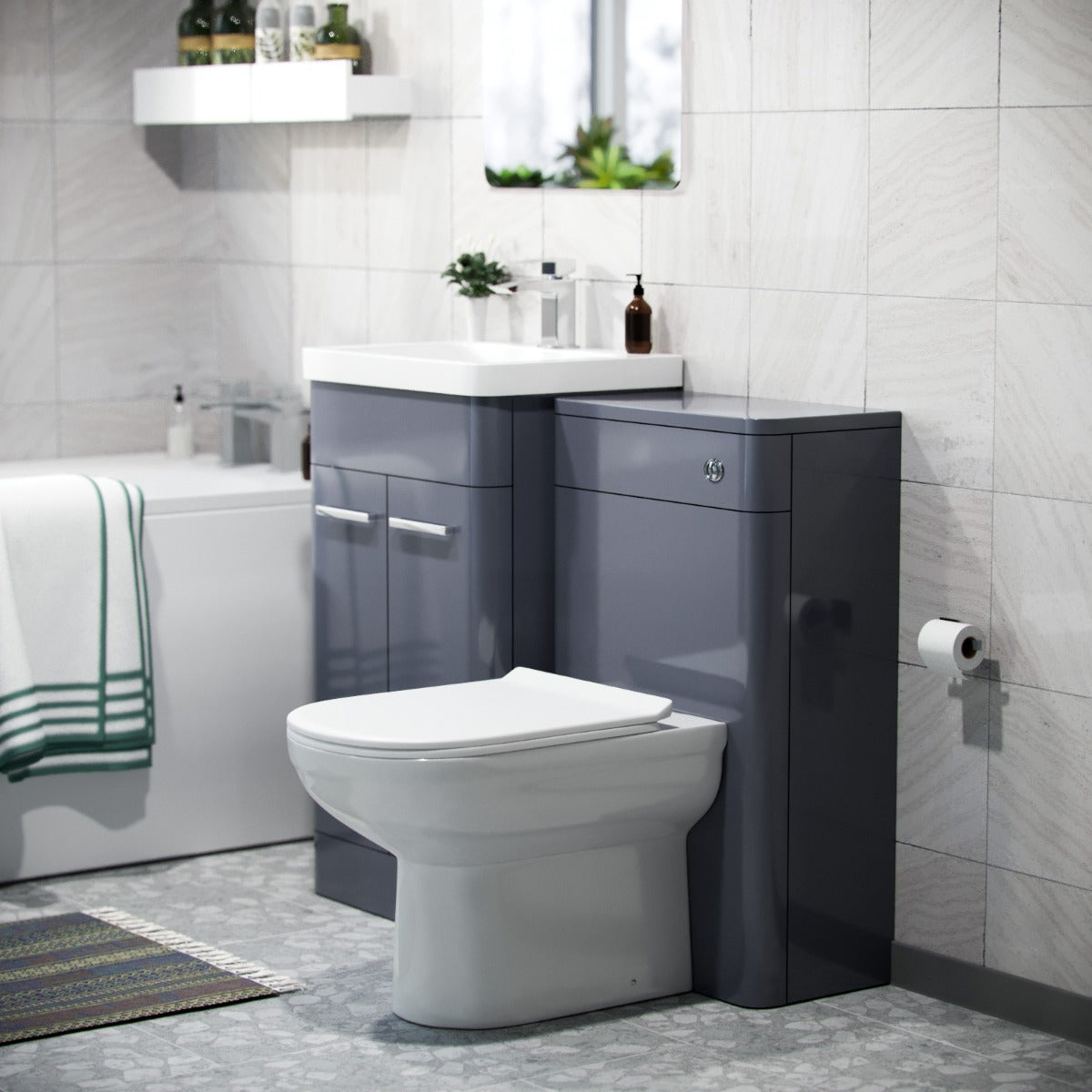 Afern 500mm Basin Vanity Unit, WC Unit, BTW Toilet & Bath Suite Steel Grey