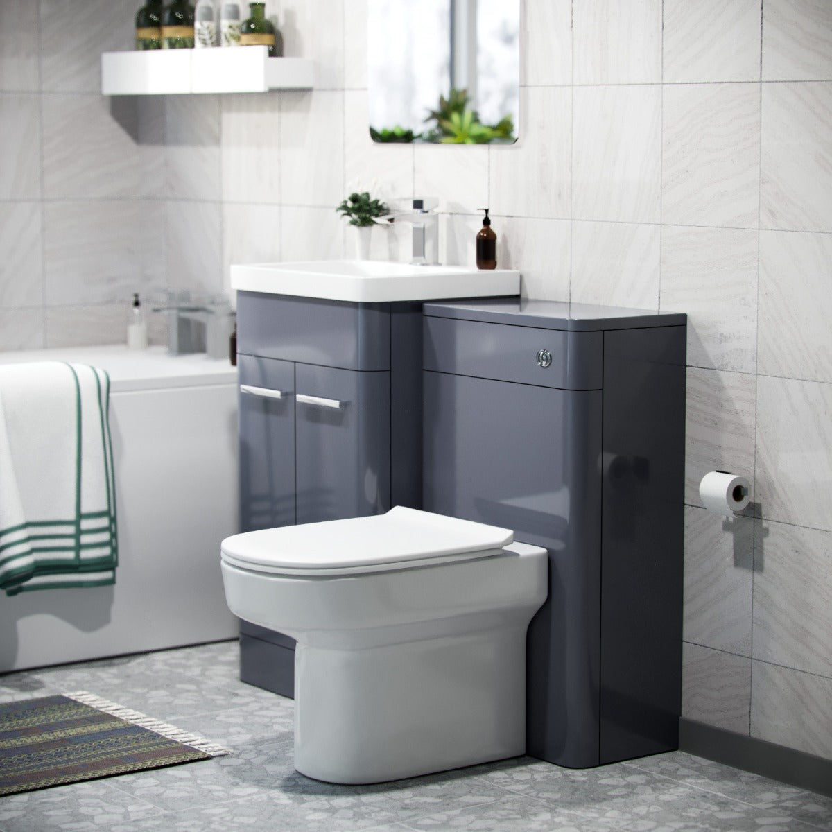 Afern Bathroom Vanity Unit & WC Unit & D-Shape Toilet & Bath Suite Grey