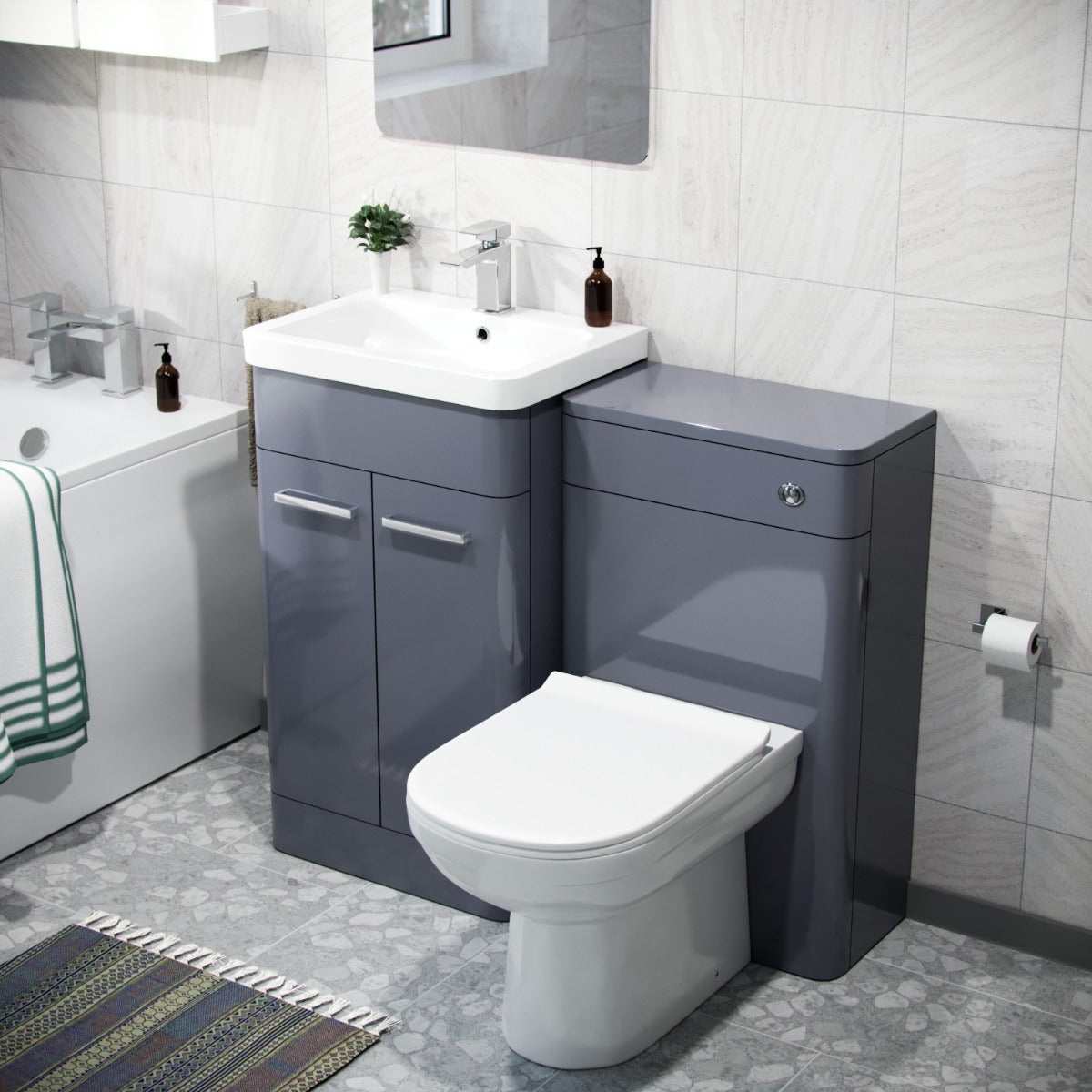 Afern 500mm Basin Vanity Unit, WC Unit, BTW Toilet & Bath Suite Steel Grey
