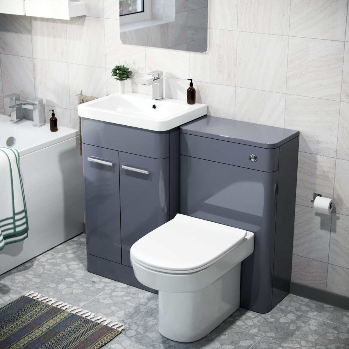 Afern Bathroom Vanity Unit & WC Unit & D-Shape Toilet & Bath Suite Grey