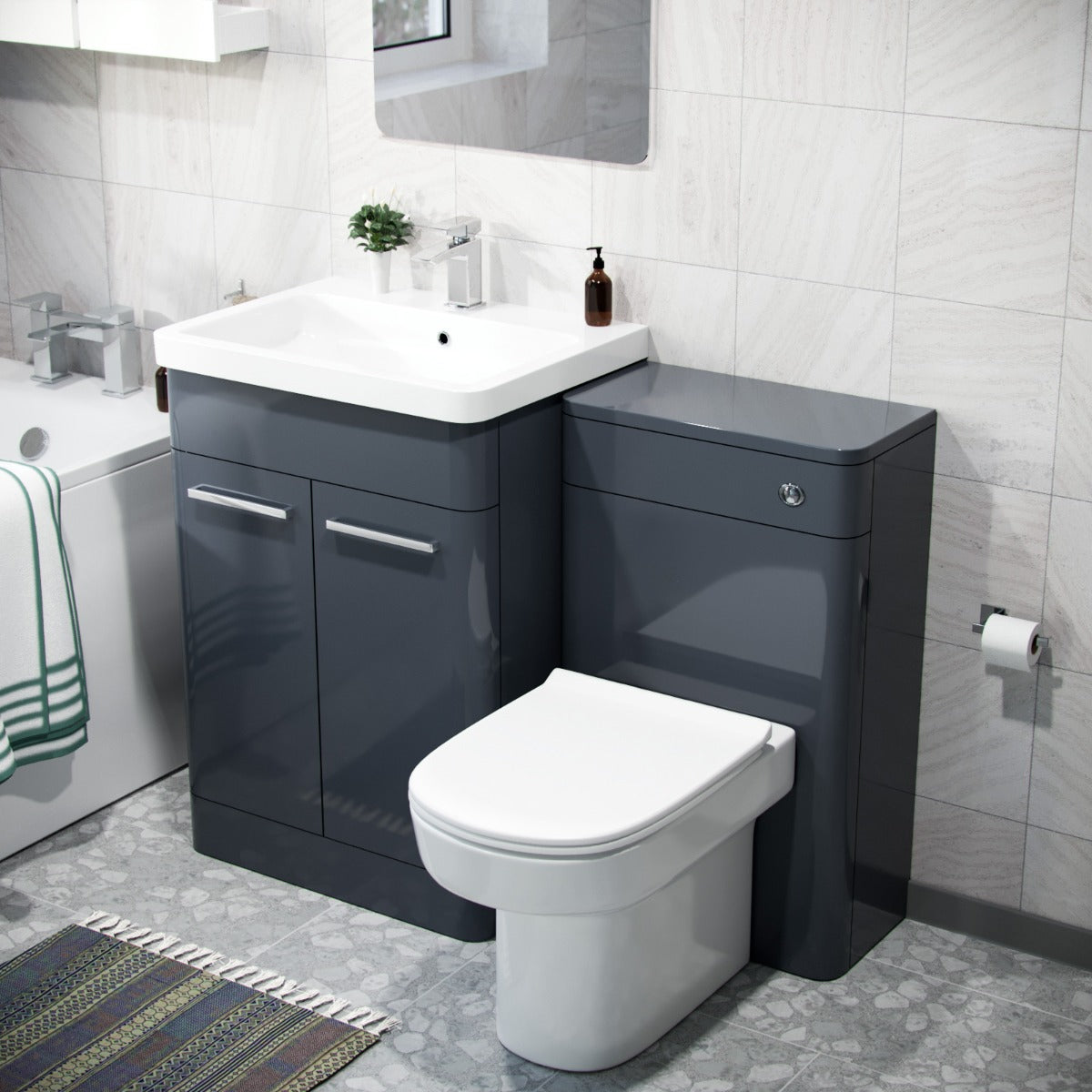 Afern Anthracite Basin Cabinet, WC Unit, Toilet & Bath Bathroom Suite