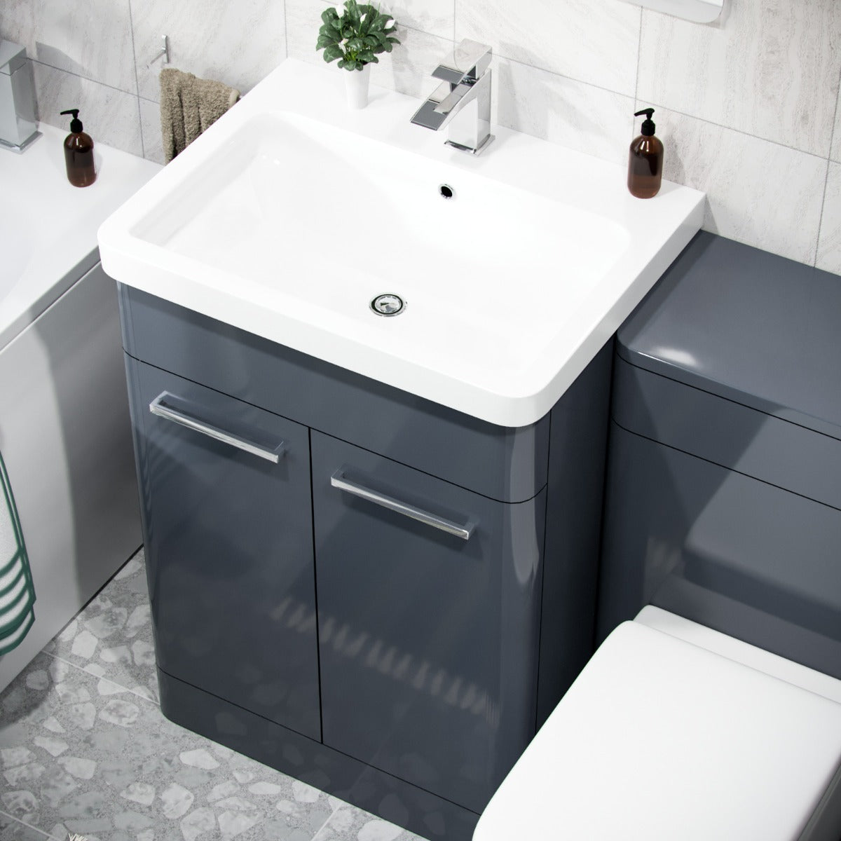 Afern Dark Grey Basin Cabinet, WC Unit, Toilet & Bath Bathroom Suite
