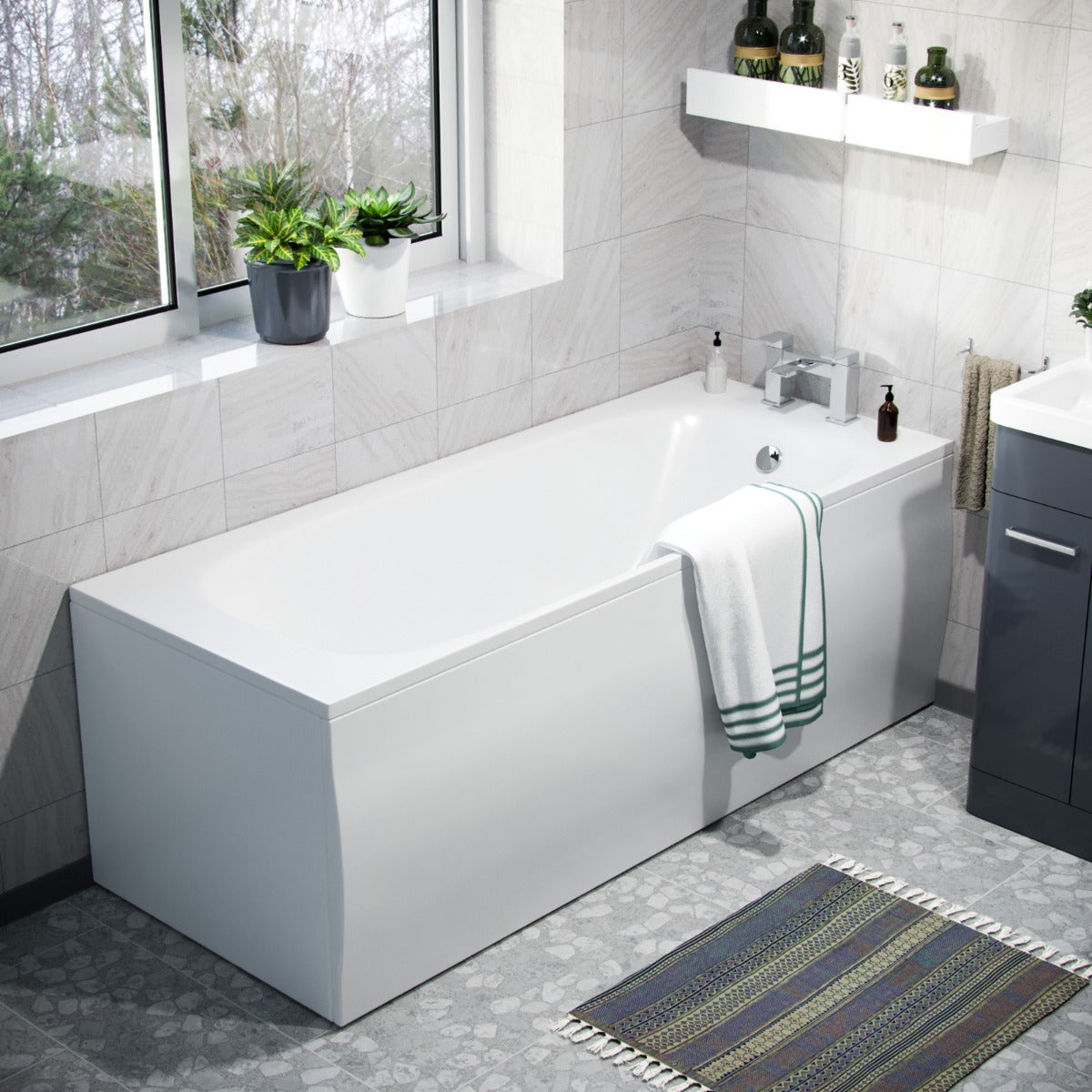 Afern Bathroom Dark Grey Vanity Unit, WC Unit, D-Shape Toilet and Bath Suite