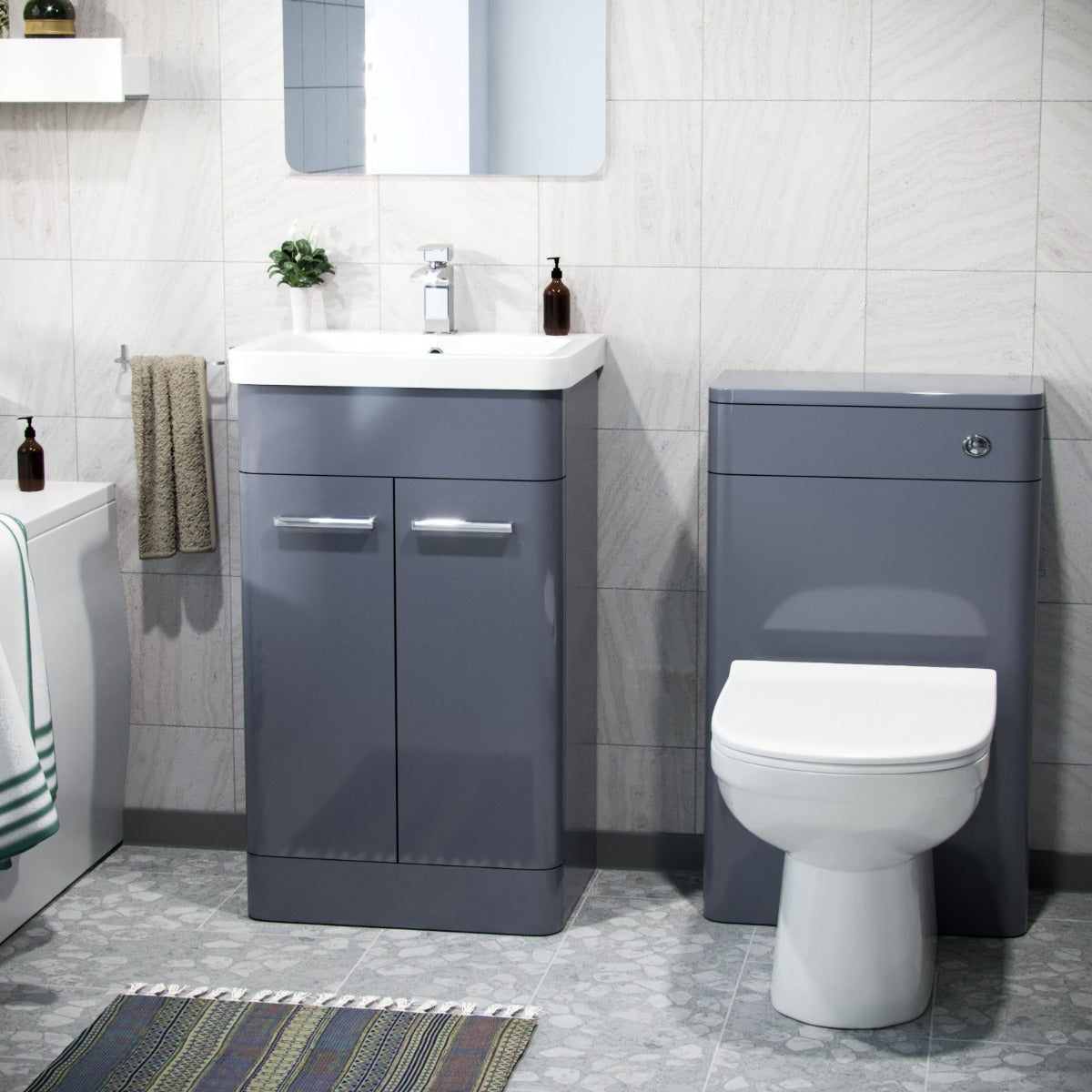 Afern 500mm Basin Vanity Unit, WC Unit, BTW Toilet & Bath Suite Steel Grey