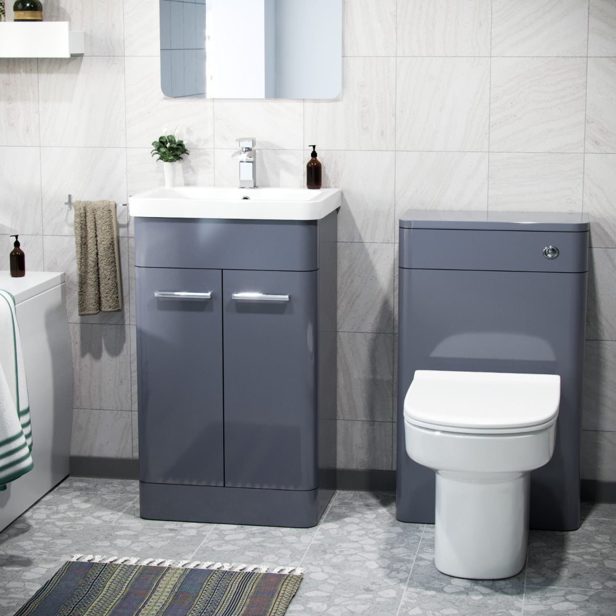 Afern Bathroom Vanity Unit & WC Unit & D-Shape Toilet & Bath Suite Grey