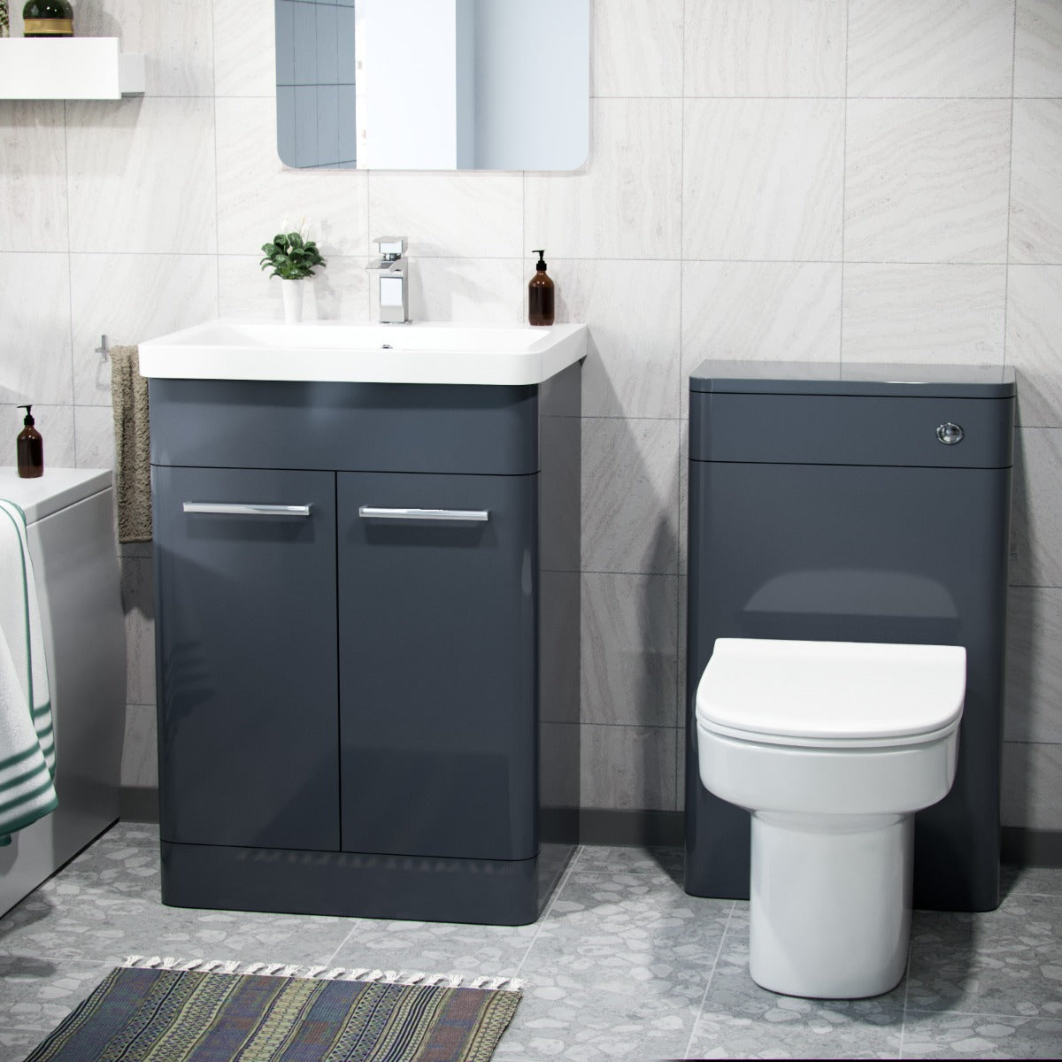 Afern Dark Grey Basin Cabinet, WC Unit, Toilet & Bath Bathroom Suite