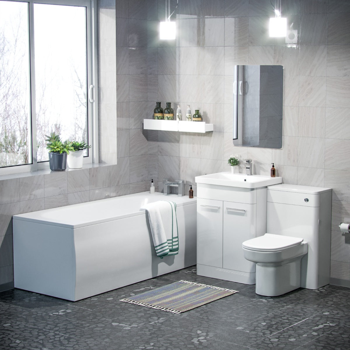 Afern 600mm Basin Vanity Cabinet, WC Unit, D Shape Toilet & Bath Bathroom Suite