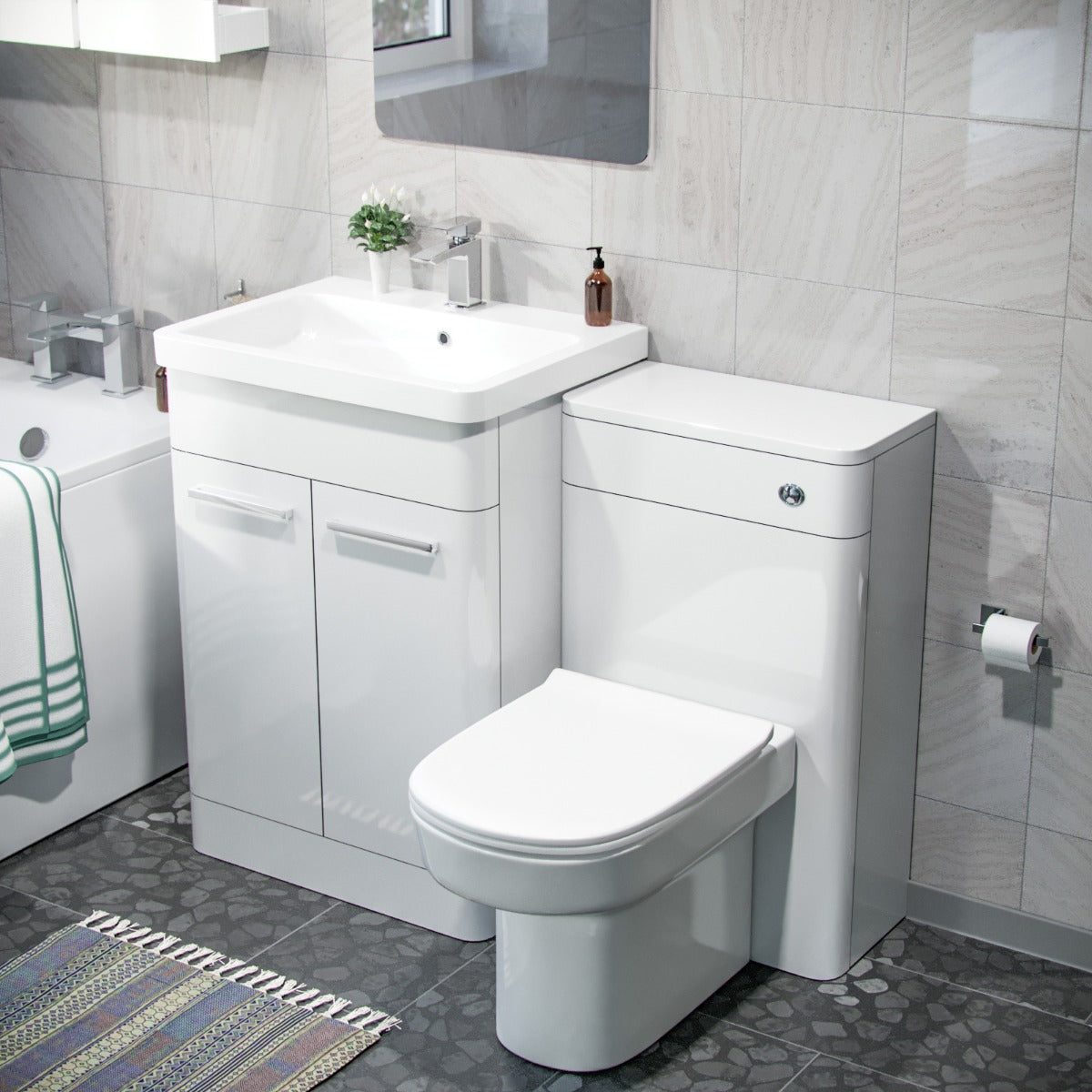 Afern 600mm Basin Vanity Cabinet, WC Unit, D Shape Toilet & Bath Bathroom Suite