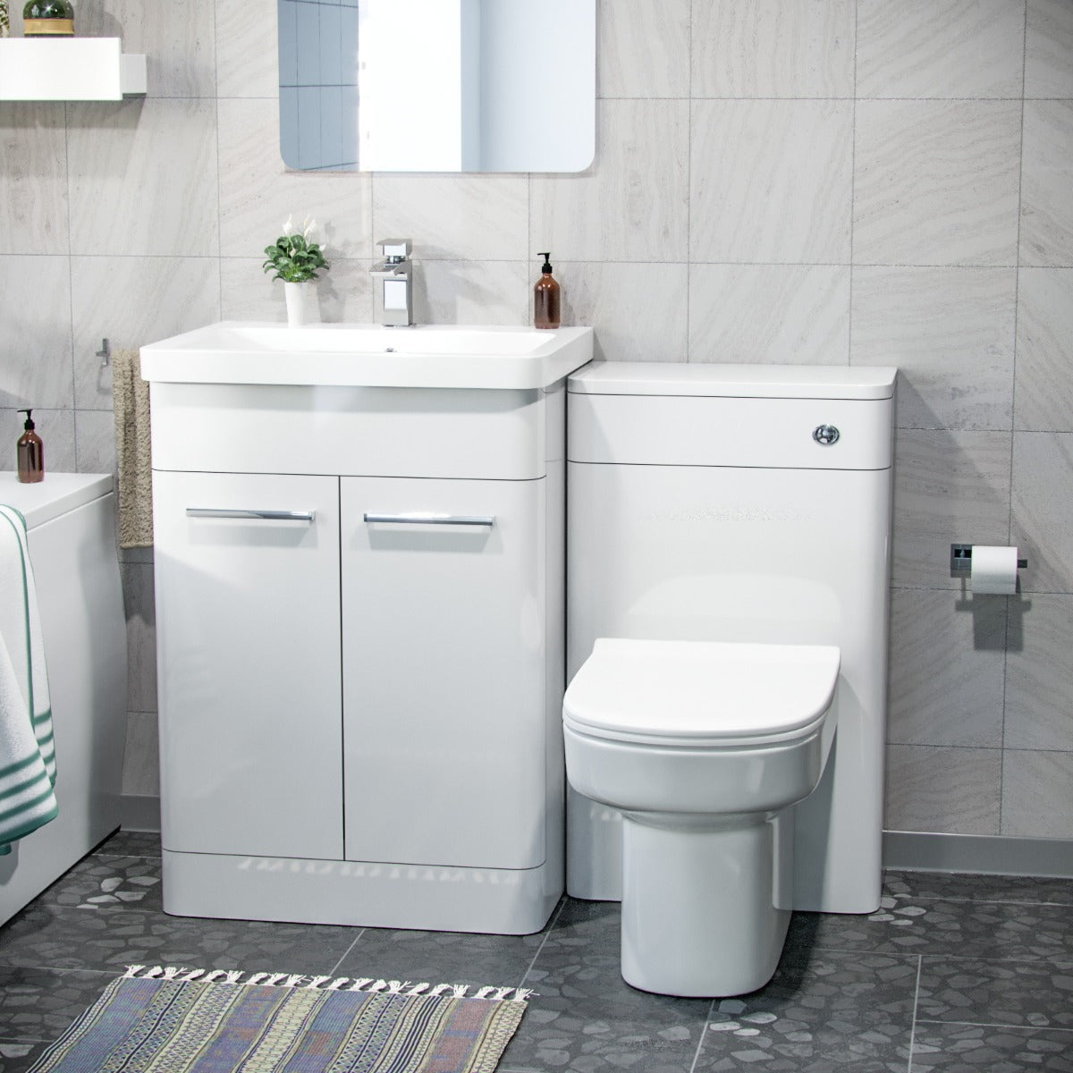 Afern 600mm Basin Vanity Cabinet, WC Unit, D Shape Toilet & Bath Bathroom Suite