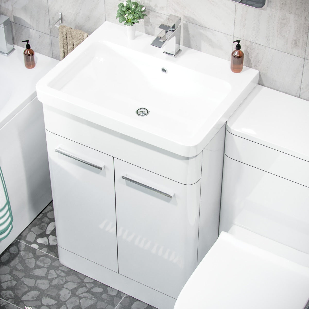Afern 600mm Basin Vanity Cabinet, WC Unit, D Shape Toilet & Bath Bathroom Suite