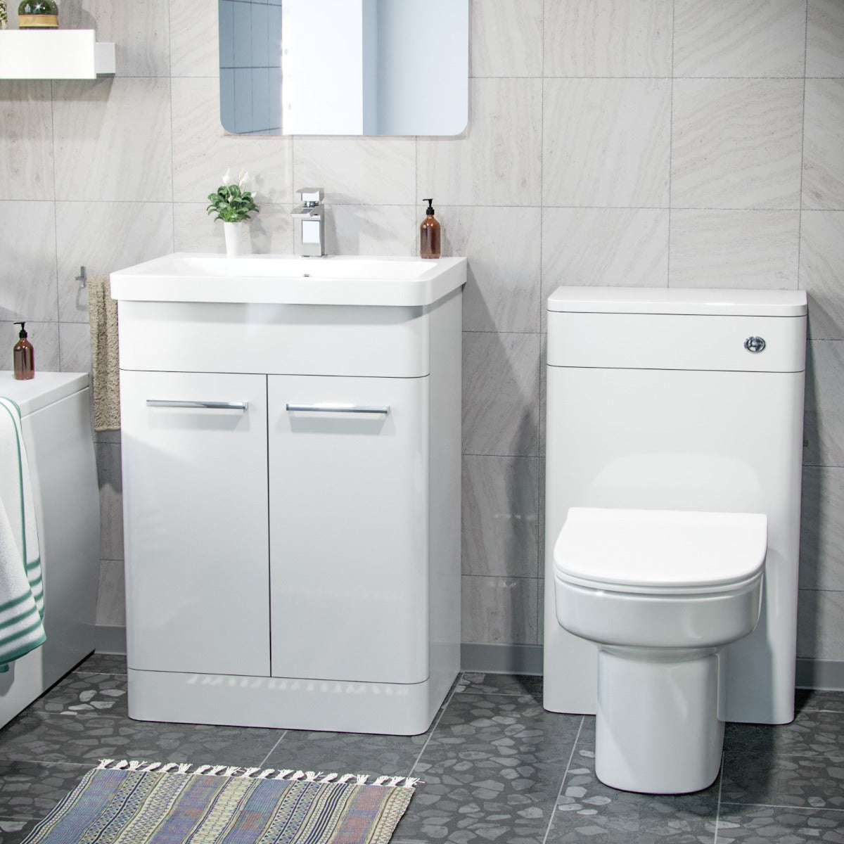 Afern 600mm Basin Vanity Cabinet, WC Unit, D Shape Toilet & Bath Bathroom Suite
