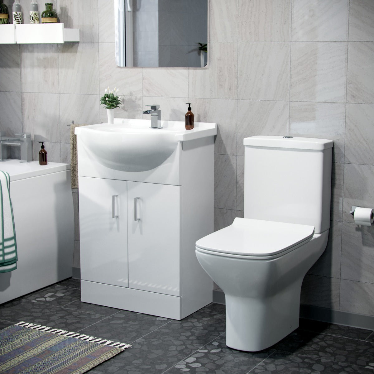 Ellen 550mm Floor Standing Basin Vanity Unit White & Rimless Close Coupled Toilet White