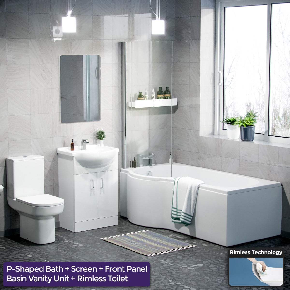 Ellen White P-Shaped Left Handed Bath 550mm Vanity Basin WC Unit and Rimless Toilet Suite