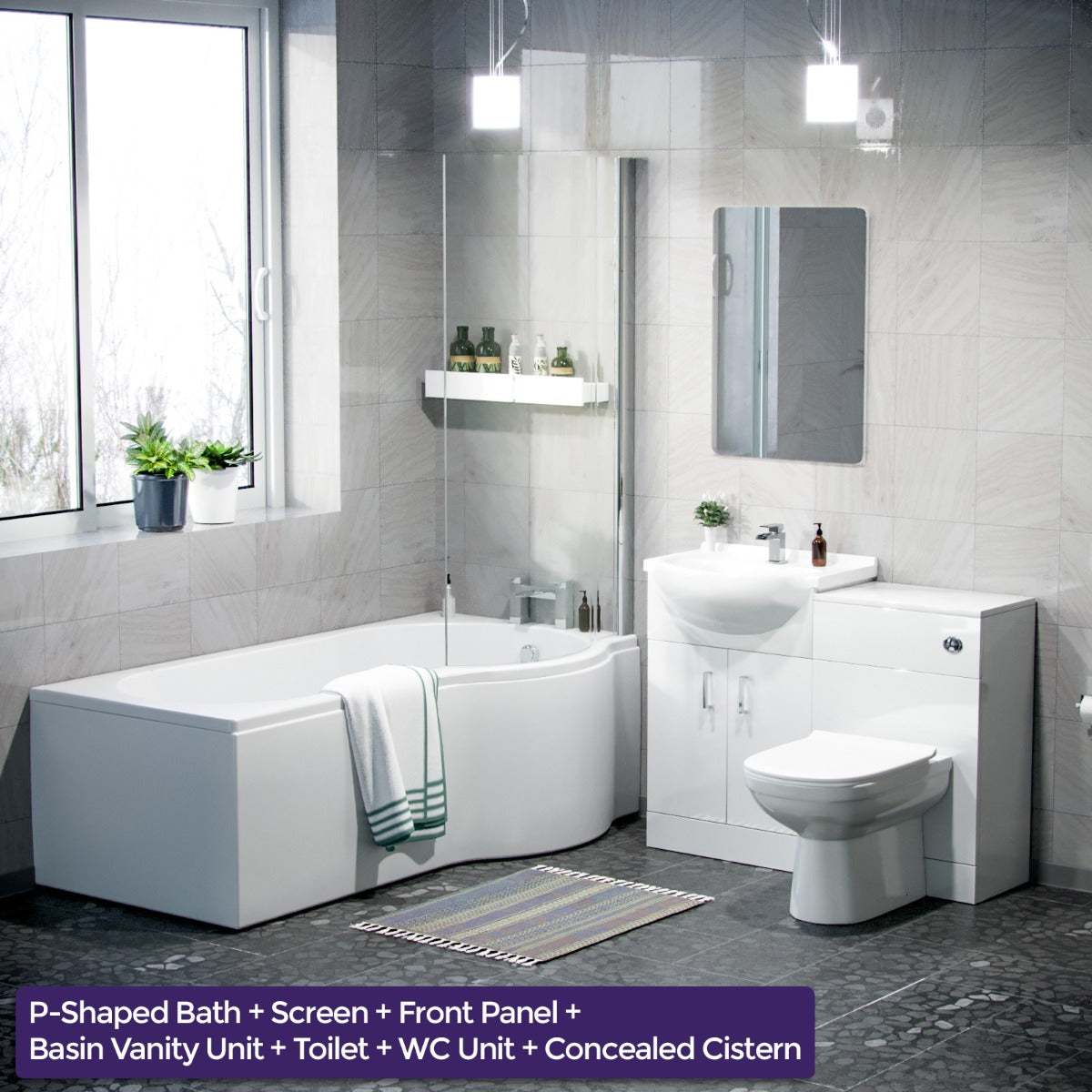 Ellen White P-Shaped RH Bath 550mm Vanity WC Unit & Curved BTW Toilet