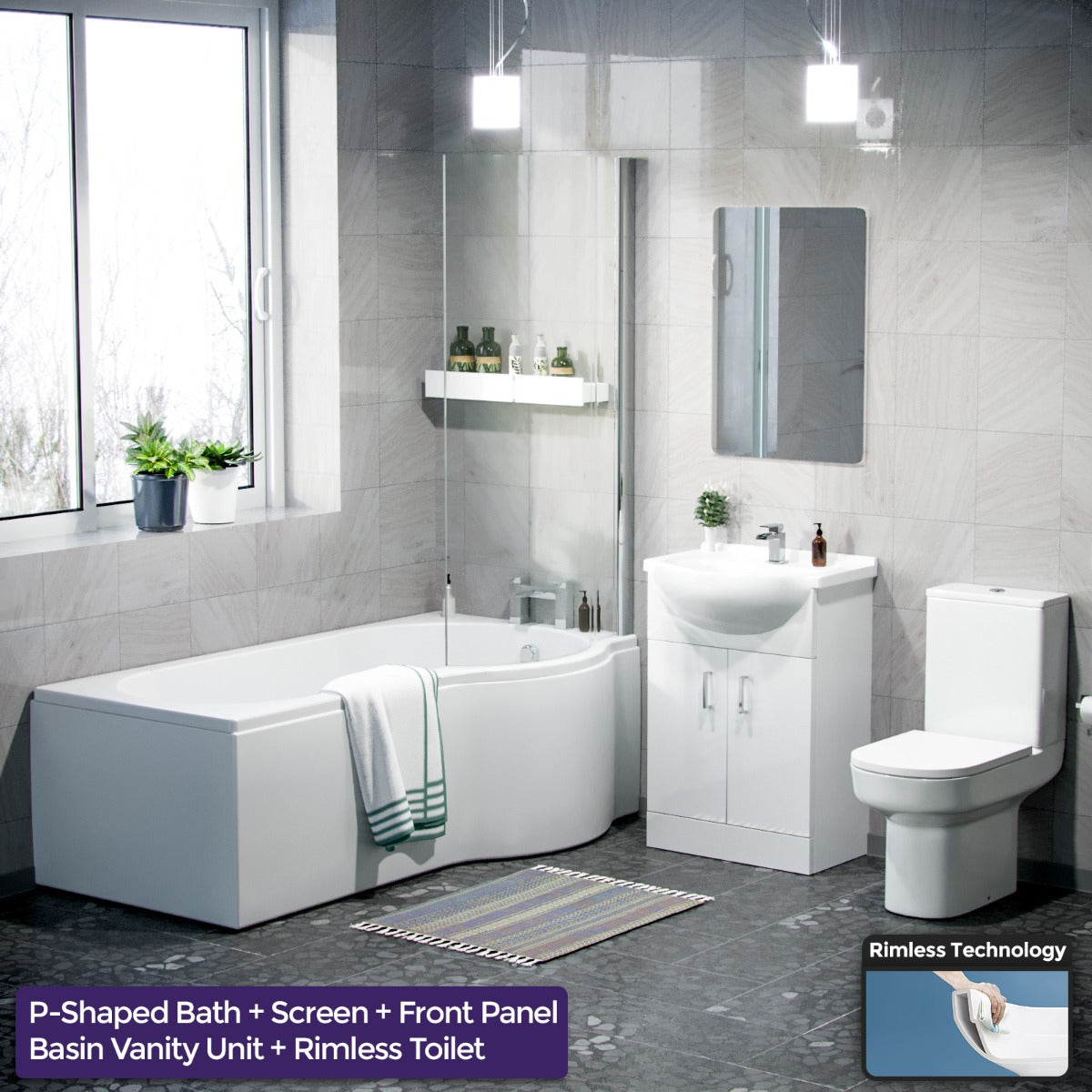 Ellen White P-Shaped Right Handed Bath 550mm Vanity Basin WC Unit and Rimless Toilet Suite