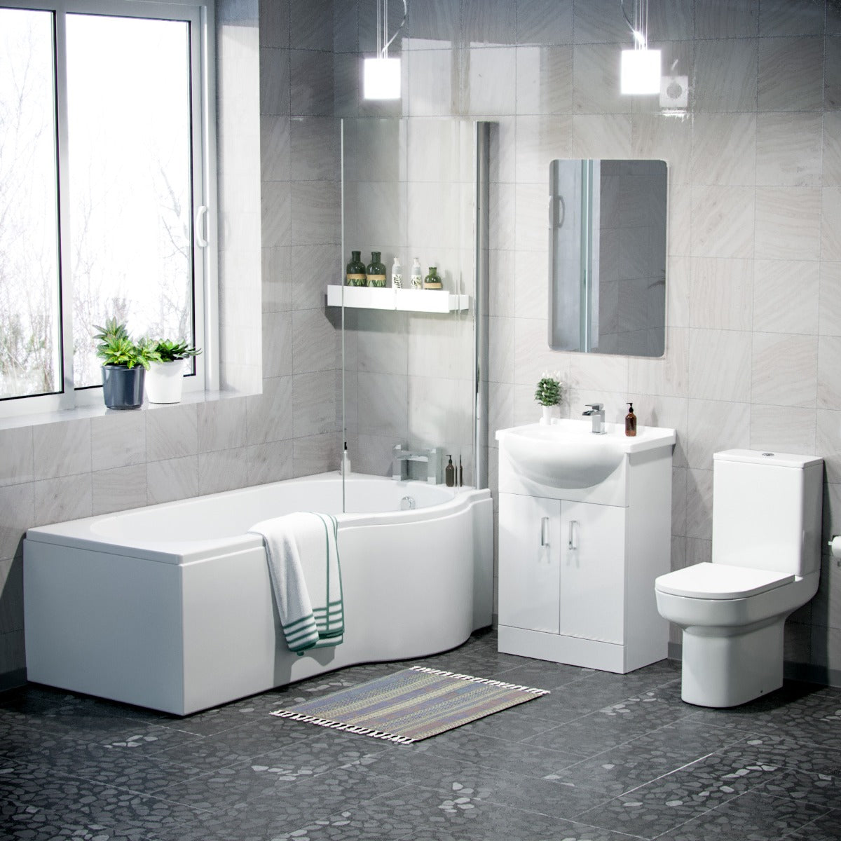 Ellen White P-Shaped Right Handed Bath 550mm Vanity Basin WC Unit and Rimless Toilet Suite