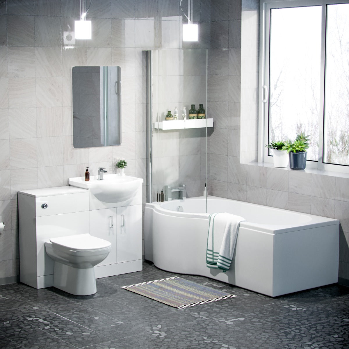 Ellen White P-Shaped LH Bath 550mm Vanity WC Unit & Curved BTW Toilet