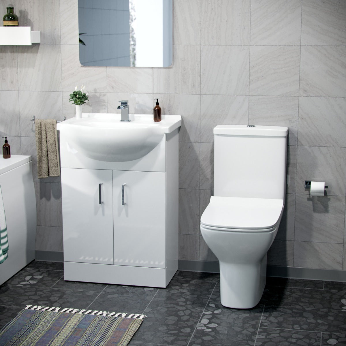 Ellen 550mm Floor Standing Basin Vanity Unit White & Rimless Close Coupled Toilet White