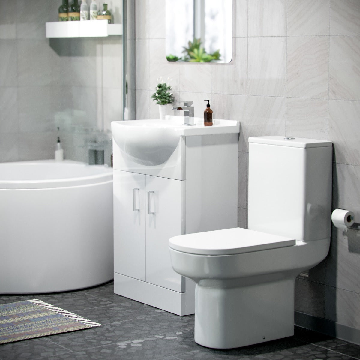Ellen White P-Shaped Right Handed Bath 550mm Vanity Basin WC Unit and Rimless Toilet Suite