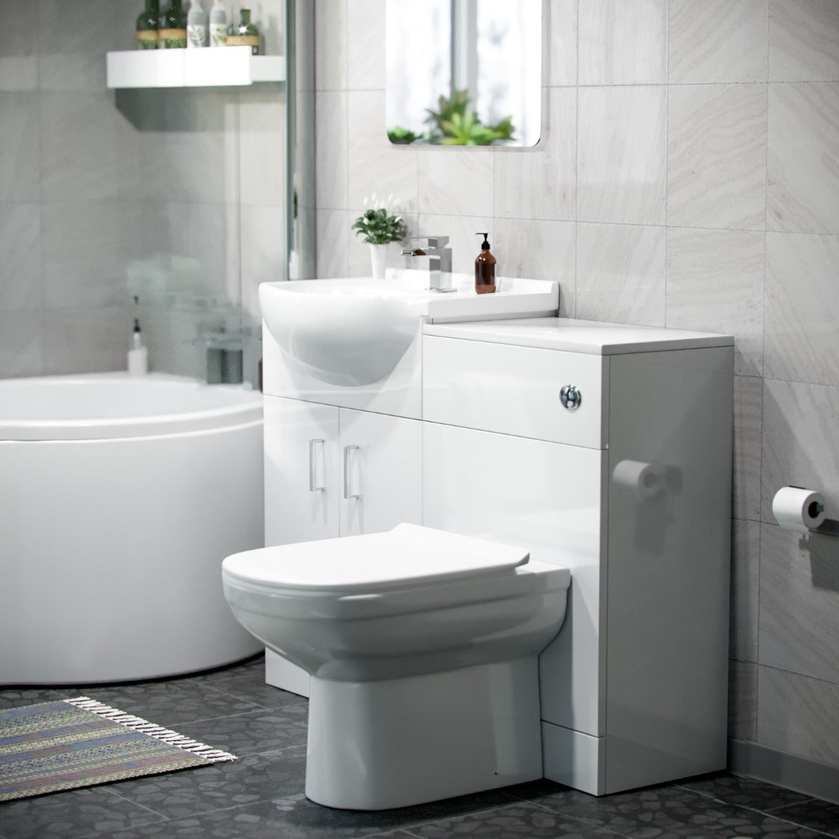 Ellen White P-Shaped RH Bath 550mm Vanity WC Unit & Curved BTW Toilet
