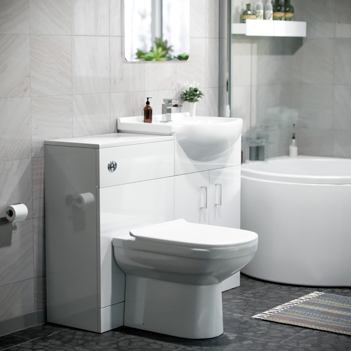 Ellen White P-Shaped LH Bath 550mm Vanity WC Unit & Curved BTW Toilet