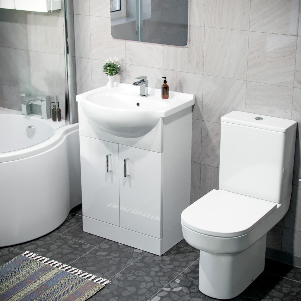 Ellen White P-Shaped Right Handed Bath 550mm Vanity Basin WC Unit and Rimless Toilet Suite