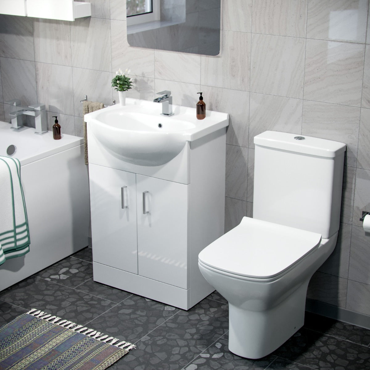 Ellen 550mm Floor Standing Basin Vanity Unit White & Rimless Close Coupled Toilet White