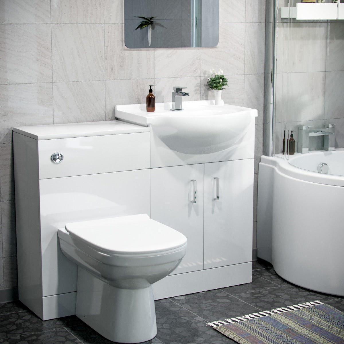 Ellen White P-Shaped LH Bath 550mm Vanity WC Unit & Curved BTW Toilet