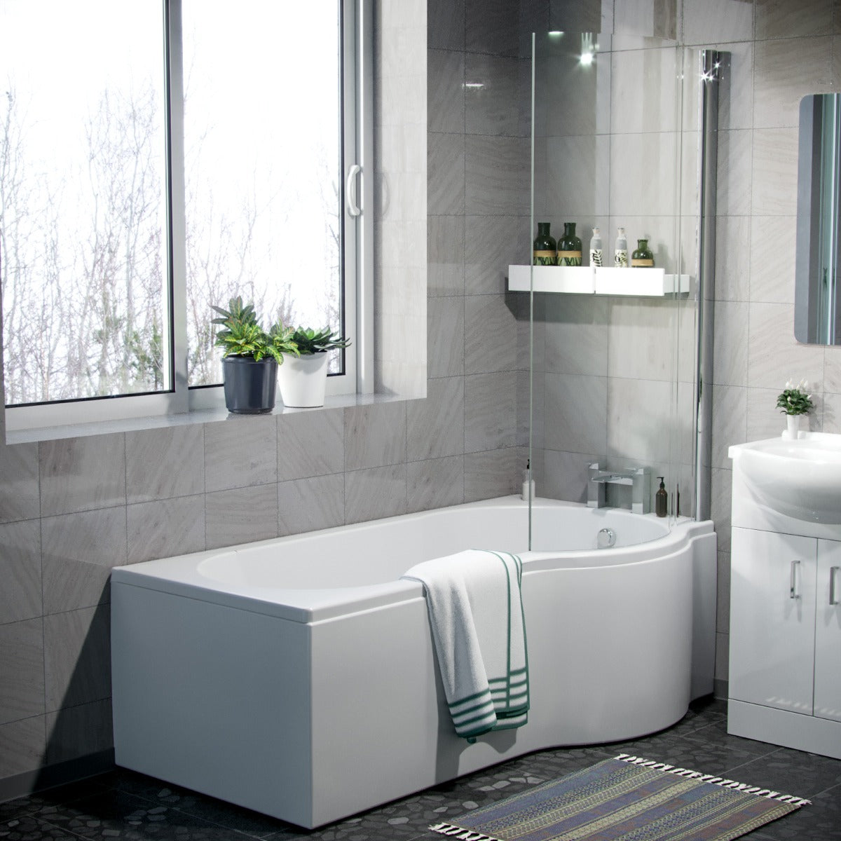 Ellen White P-Shaped RH Bath 550mm Vanity WC Unit & Curved BTW Toilet