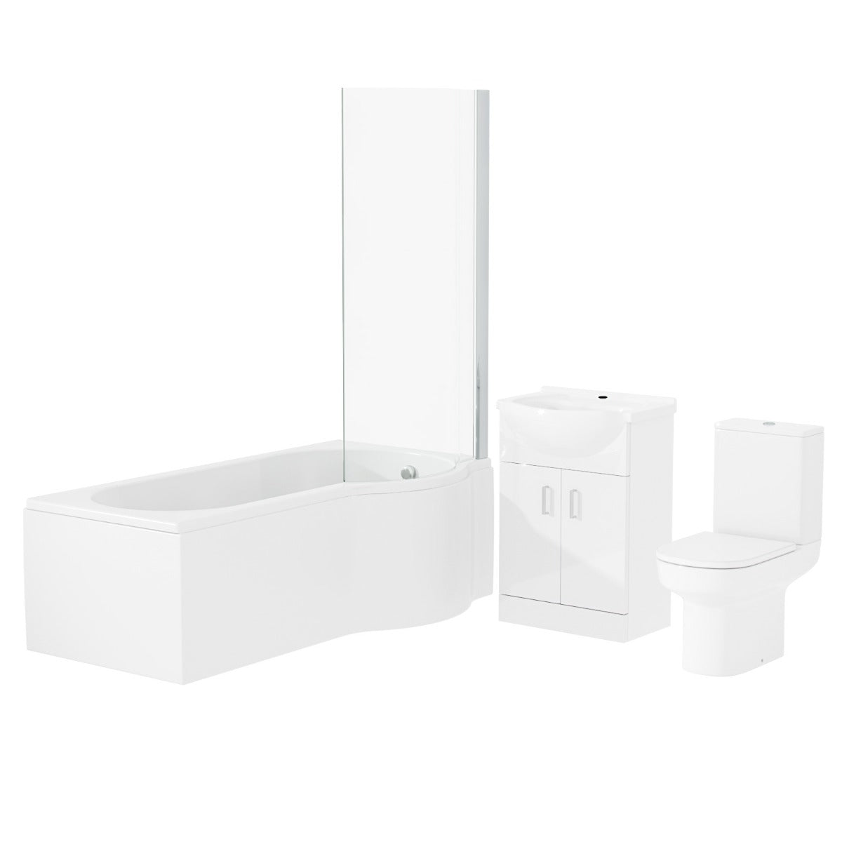Ellen White P-Shaped Right Handed Bath 550mm Vanity Basin WC Unit and Rimless Toilet Suite