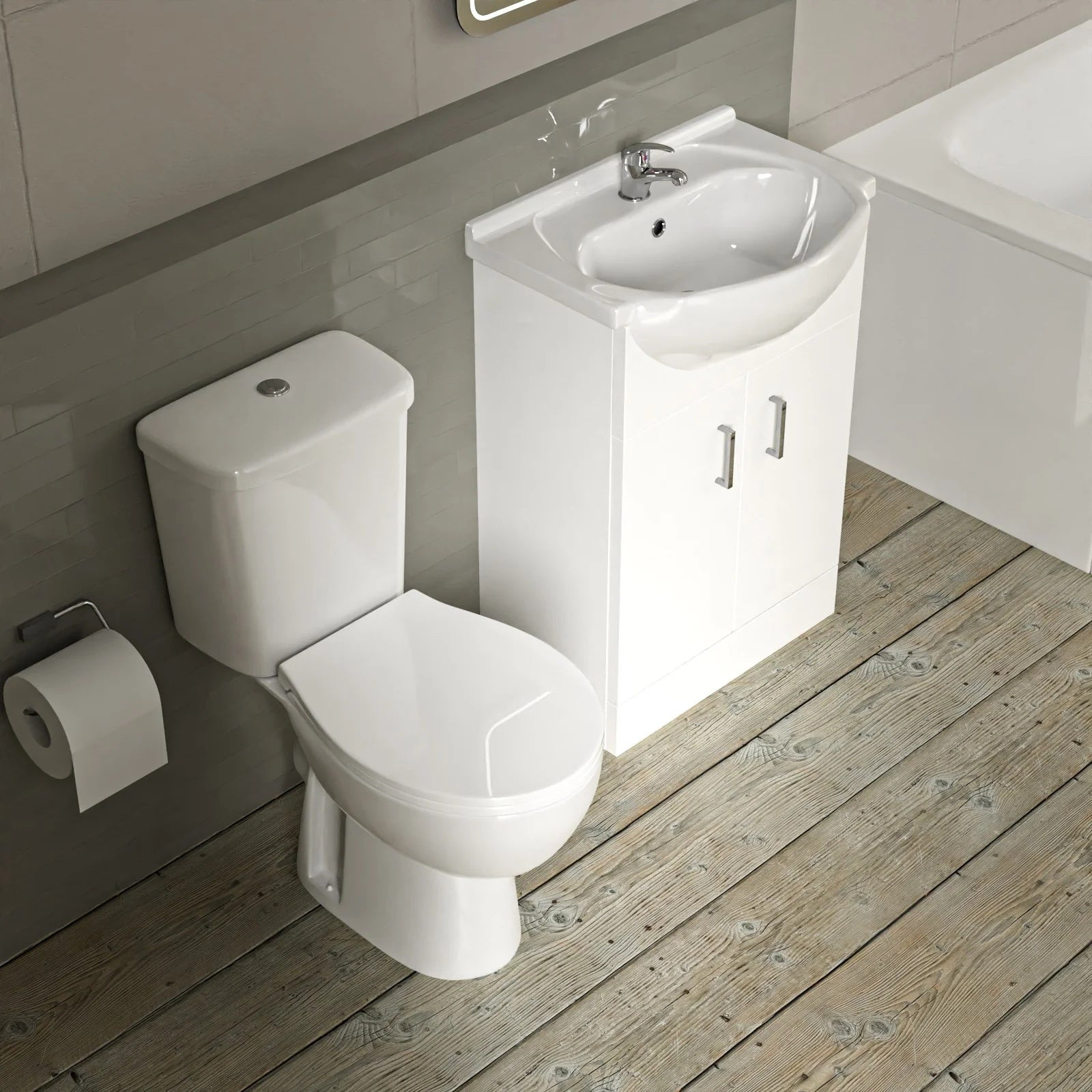 1700mm Bath with Front Panel, 550mm Basin Vanity & Toilet - Set with Chrome Fittings