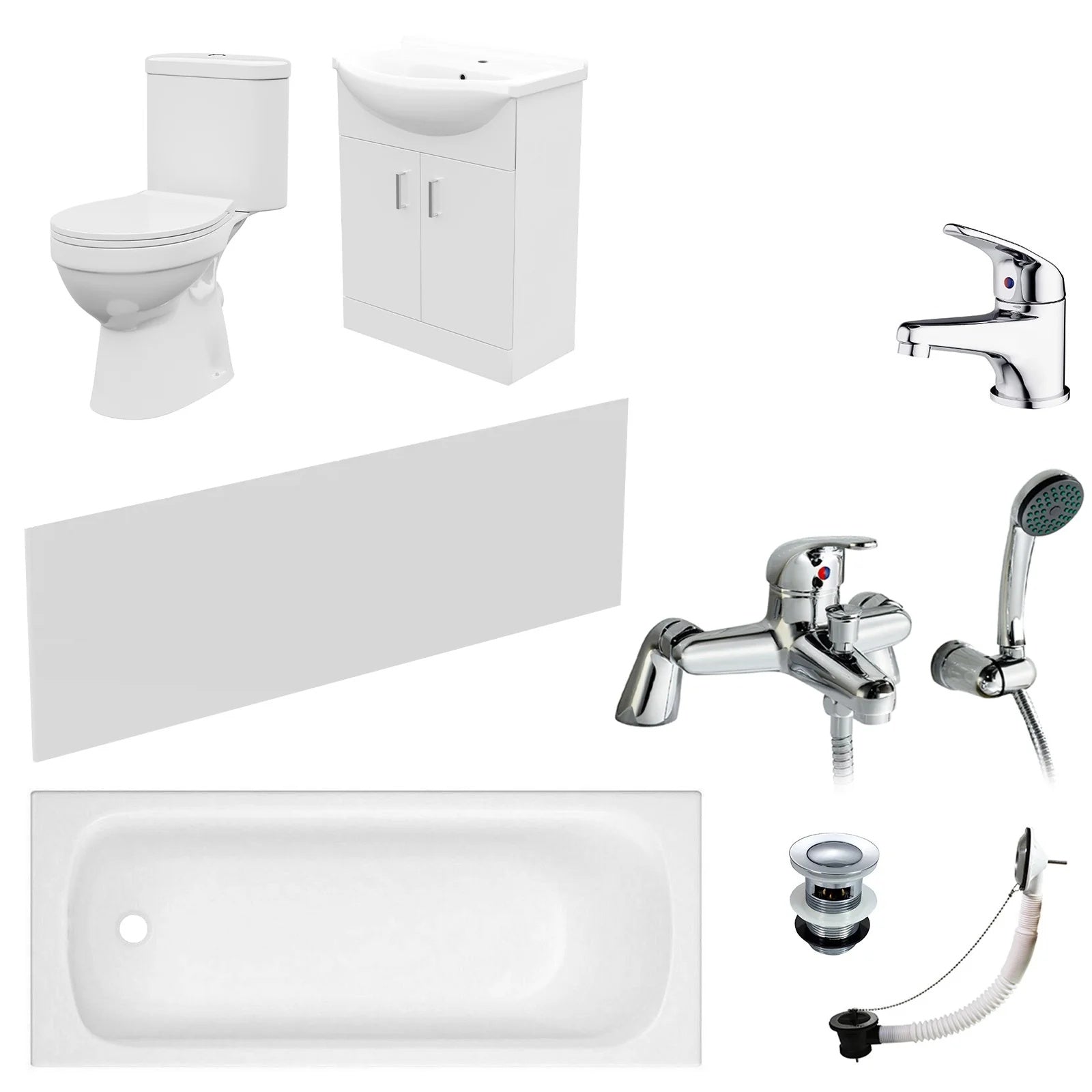 1700mm Bath with Front Panel, 550mm Basin Vanity & Toilet - Set with Chrome Fittings