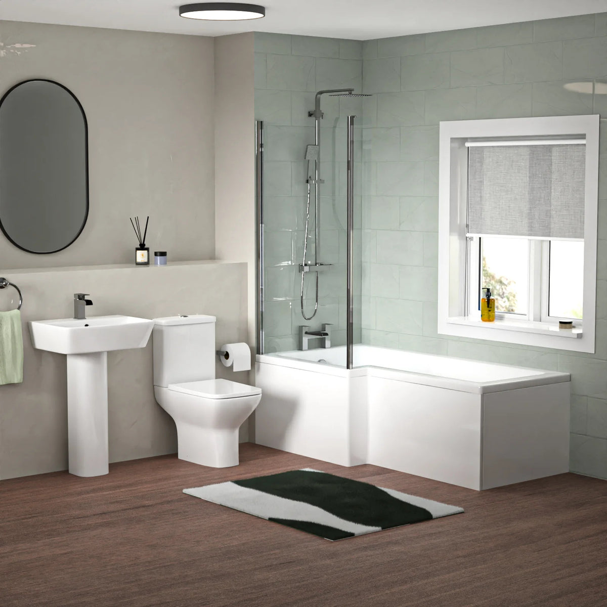 1700mm L Shaped LH Bath With Screen & Panels, Full Pedestal Basin With Toilet