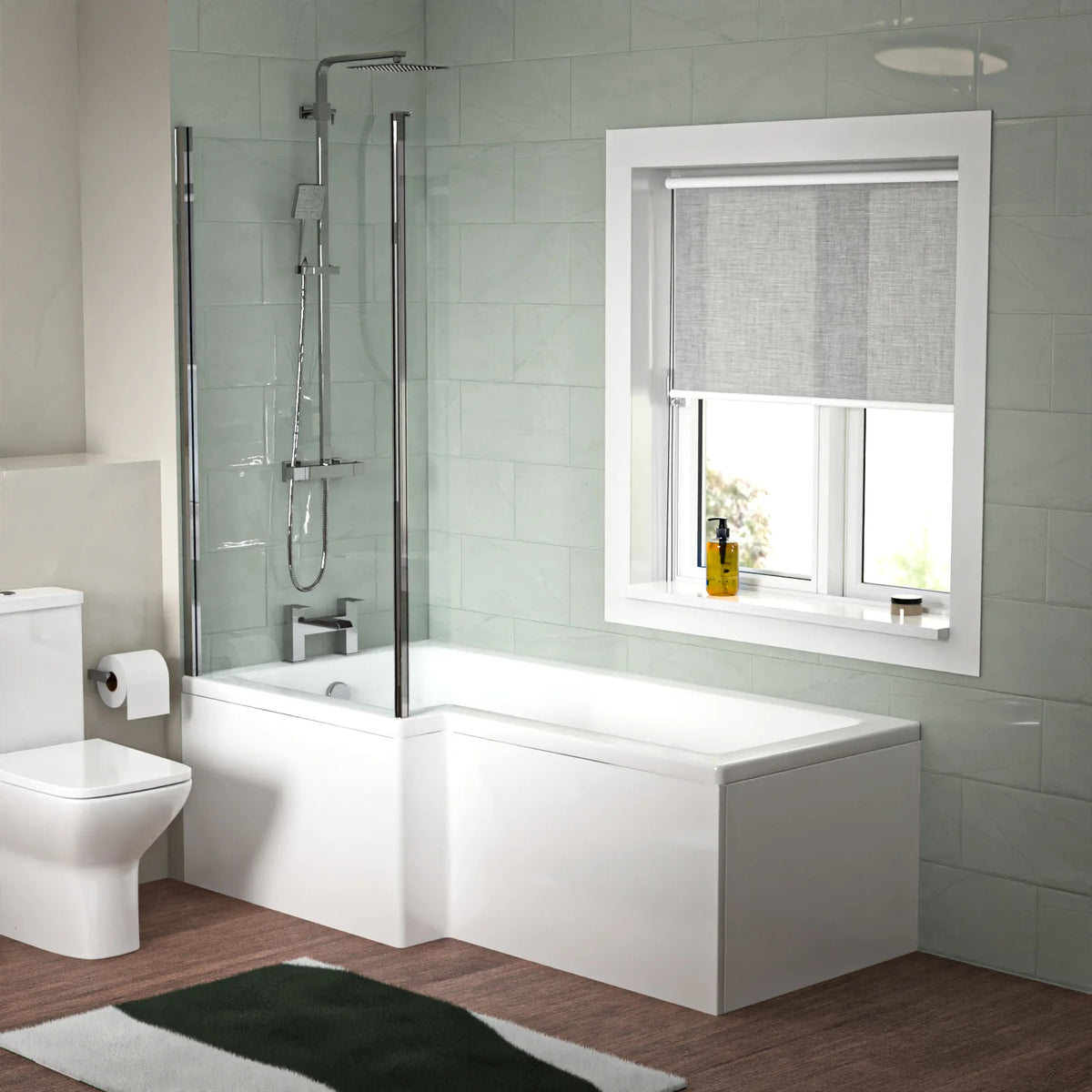 1700mm L Shaped LH Bath With Screen & Panels, Full Pedestal Basin With Toilet