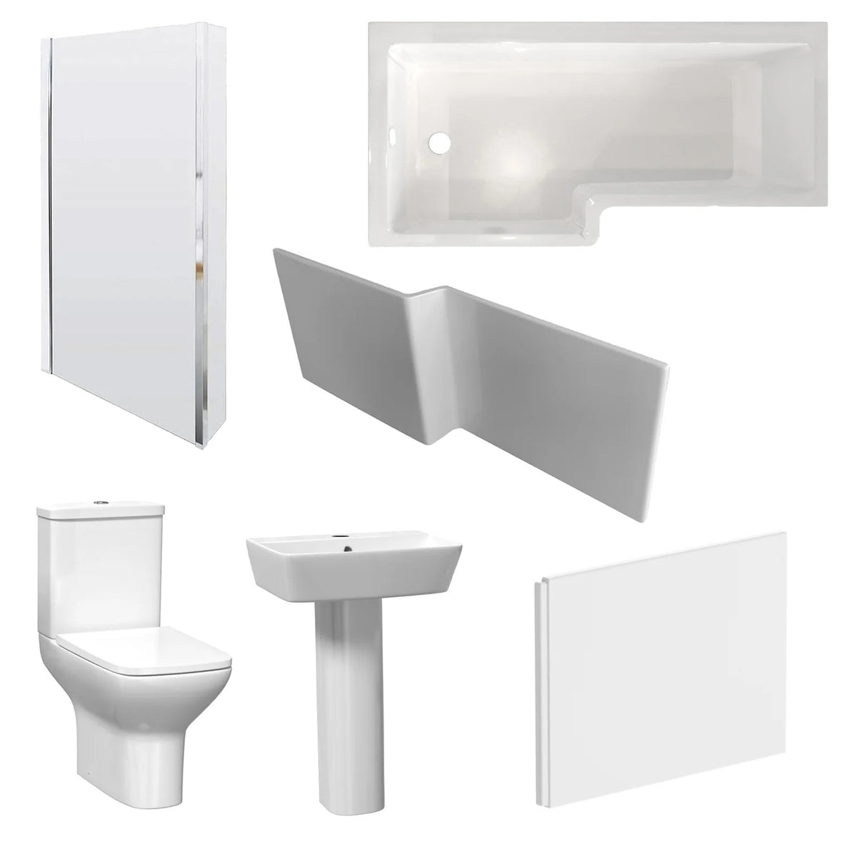 1700mm L Shaped LH Bath With Screen & Panels, Full Pedestal Basin With Toilet