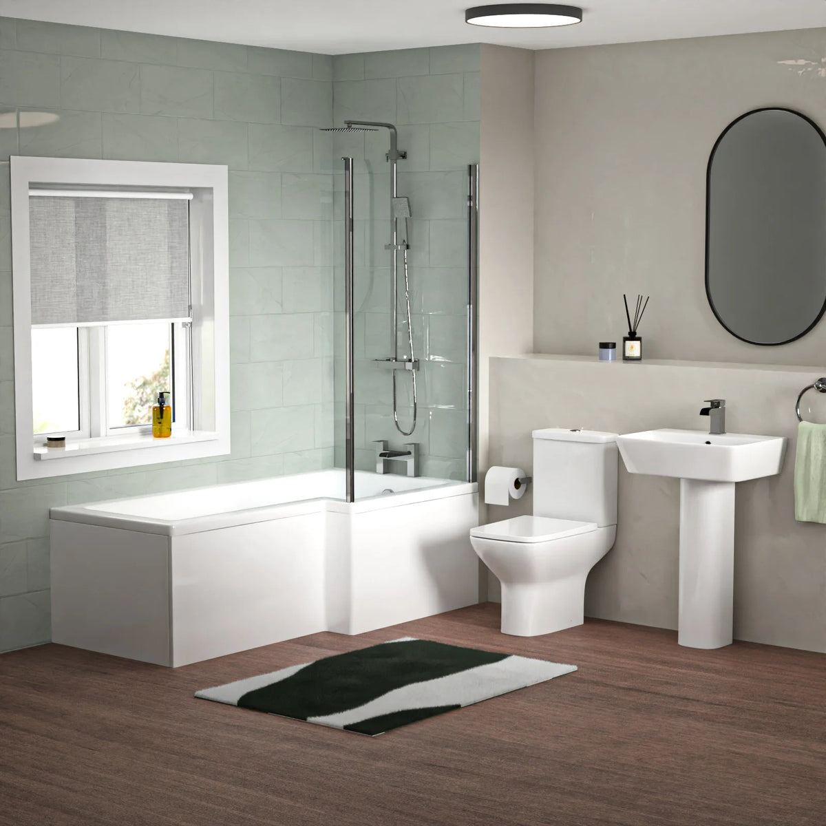 1700mm L Shaped RH Bath With Screen & Panels, Full Pedestal Basin With Toilet