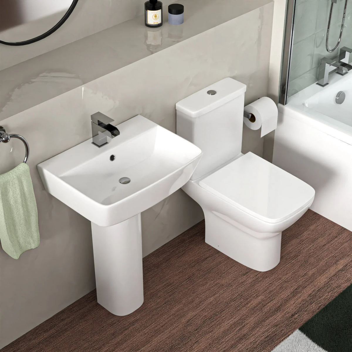 1700mm L Shaped RH Bath With Screen & Panels, Full Pedestal Basin With Toilet