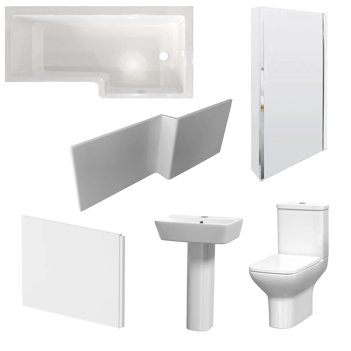1700mm L Shaped RH Bath With Screen & Panels, Full Pedestal Basin With Toilet
