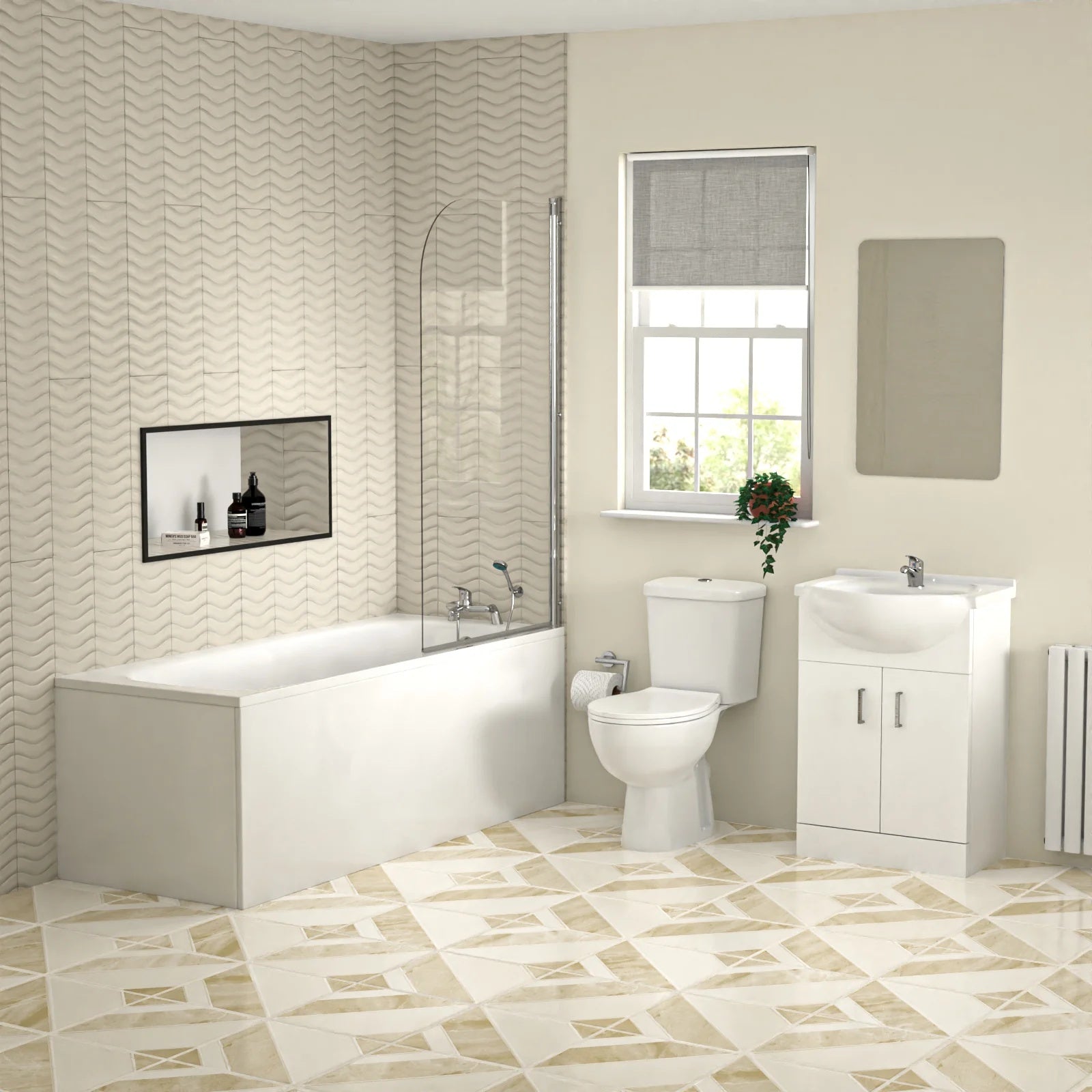 1700mm Round Bath with Screen, 550mm Basin Vanity & Toilet - Set with Chrome Fittings