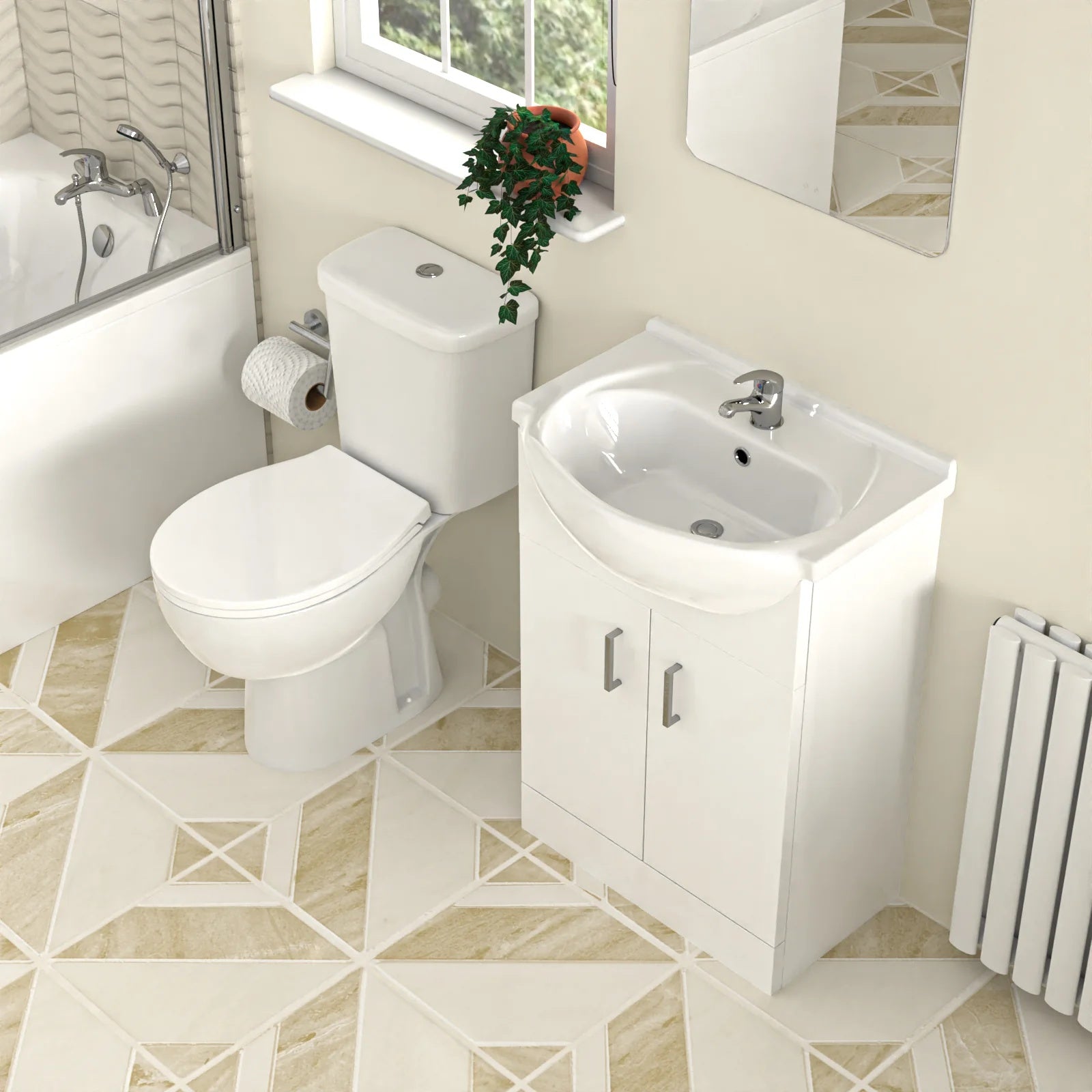 1700mm Round Bath with Screen, 550mm Basin Vanity & Toilet - Set with Chrome Fittings