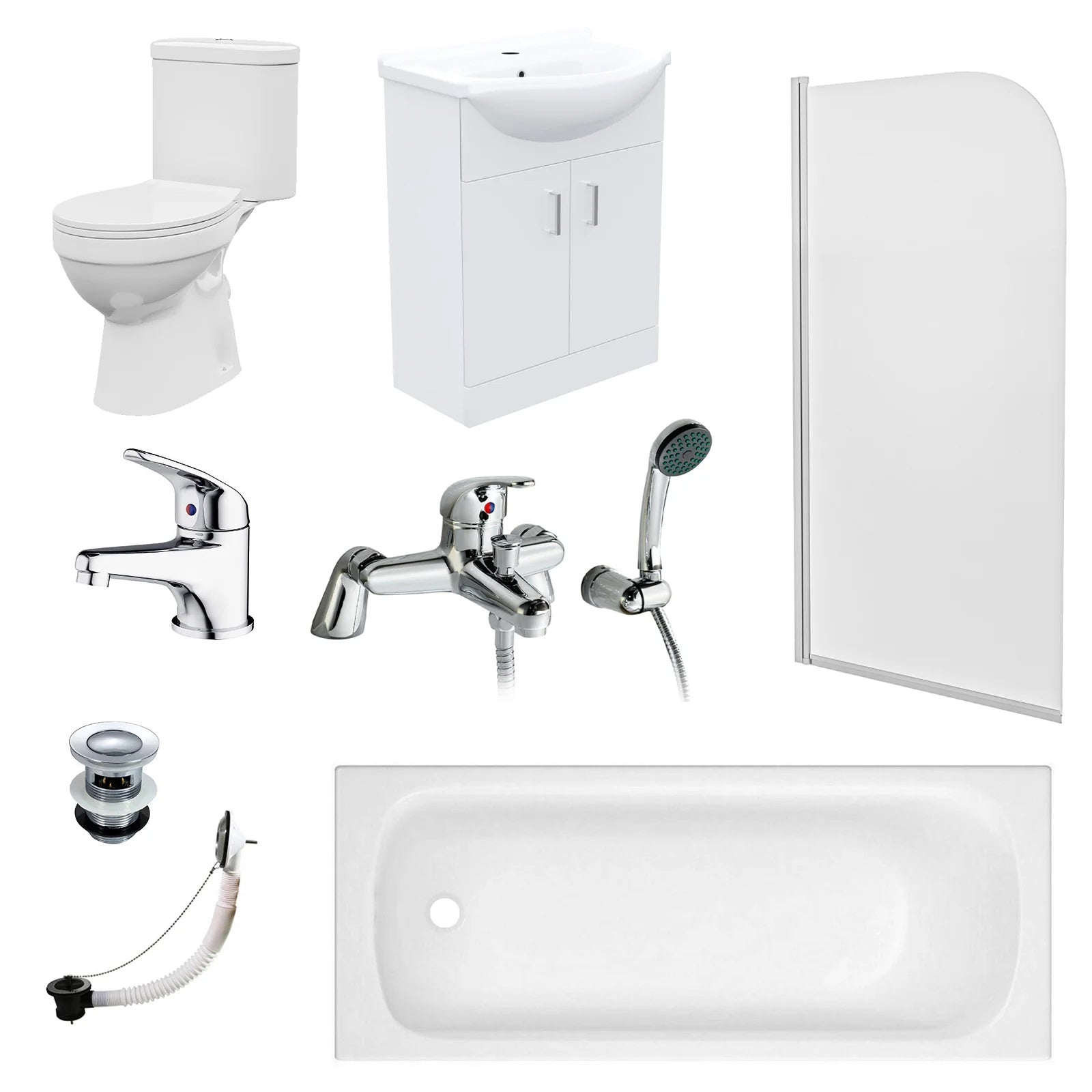 1700mm Round Bath with Screen, 550mm Basin Vanity & Toilet - Set with Chrome Fittings