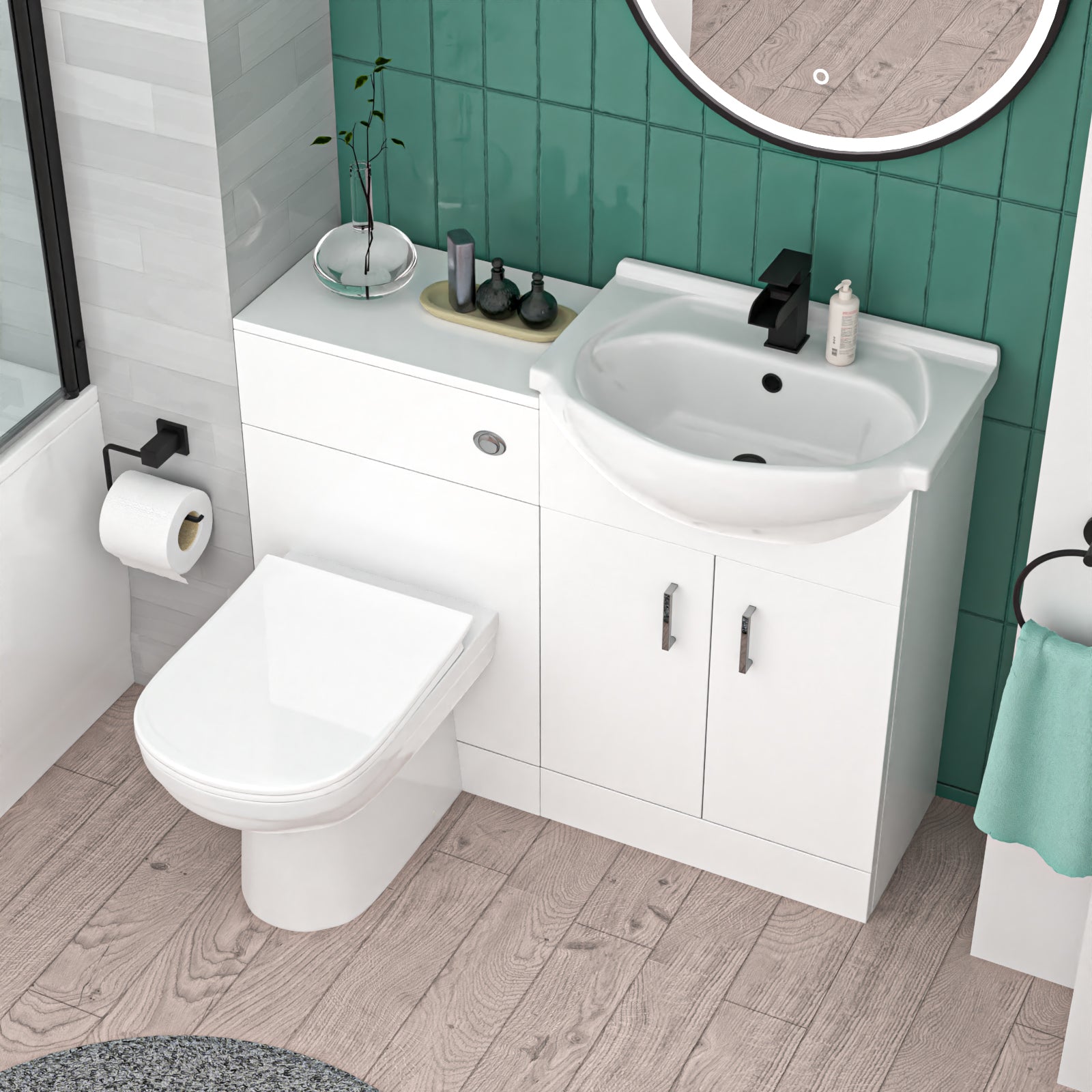 Bath Black Shower Mixer, Screen, Basin Vanity, BTW Toilet and Tap Suite